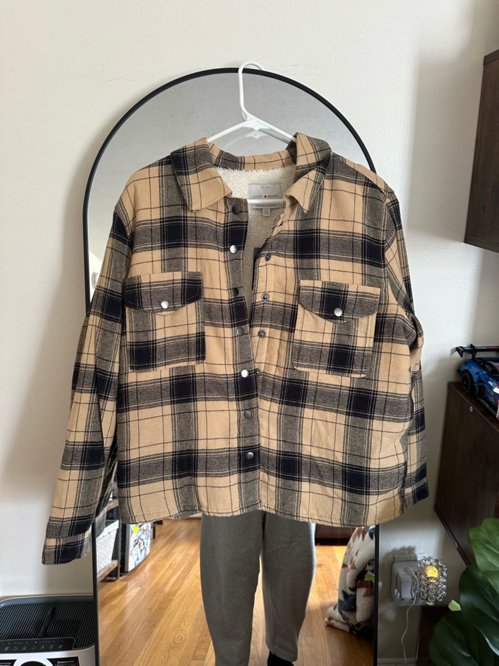 Lucky Brand Beige and Black Plaid Button-Down Shirt Jacket
